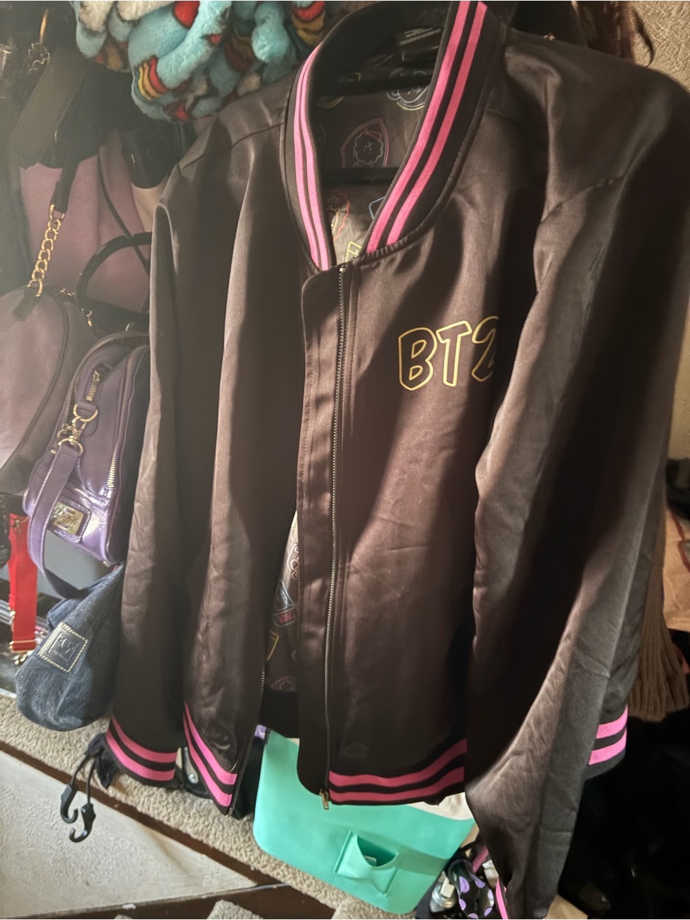 Bt21 BTS Black Bomber Jacket with Pink Trim